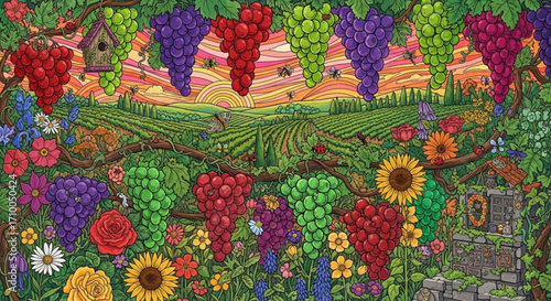 A vibrant vineyard landscape with colorful grapes, flowers, and a birdhouse, capturing the essence of natures beauty and the art of winemaking