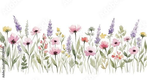Delicate watercolor painting of a vibrant meadow filled with pink and purple wildflowers and green grass