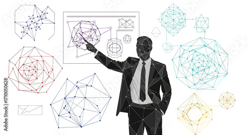 Describe the image in 6 to 180 characters, avoiding keyword lists. The image shows a polygonal man presenting complex geometric shapes and diagrams.