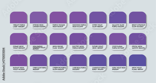 Neon Purple Color Guide Palette with Color Names. Catalog Samples of Neon Purple with RGB HEX codes and Names. Neon Purples Colors shades Vector, Purple Color Palette, Violet Fashion Trend Color Tones