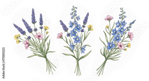 Three watercolor bouquets of lavender delphinium and pink wildflowers tied with twine on a white background
