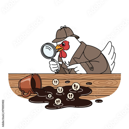 A detective chicken investigates spilled coffee, examining footprints with a magnifying glass.