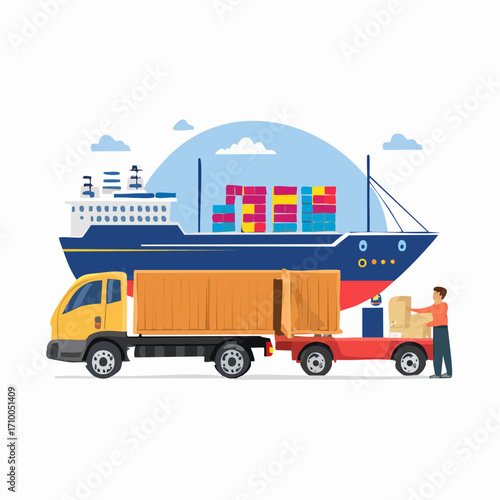 Supply chain with cargo ship, goods truck. Warehouse worker unloading parcel box in transportation van. Global logistic, delivery, cargo transport concept. 