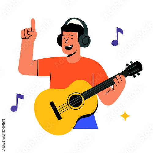 SInging with guitar and headphone flat illustration