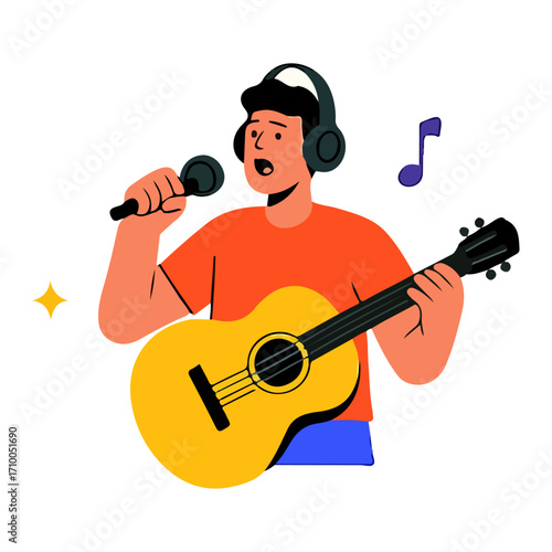 Man Singing and Playing Guitar with Headphones
