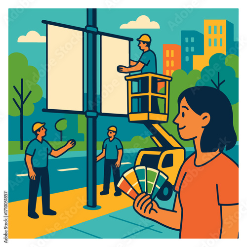 Workers Installing Street Billboard with Lift – Outdoor Advertising Maintenance