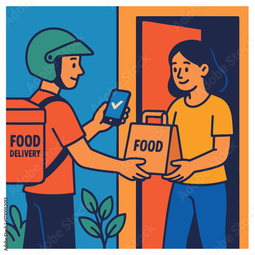 Food Delivery – Rider Handing Order to Customer with App