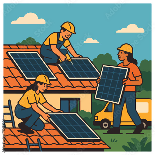 Solar Panel Installation on Rooftop – Renewable Energy Workers