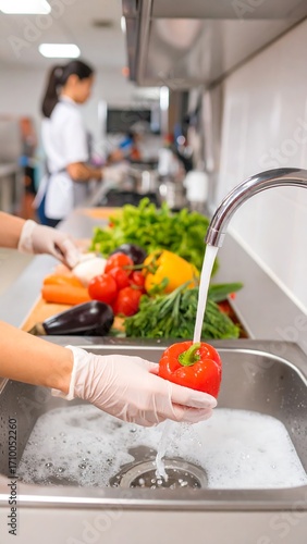 Hands in gloves washing a bell pepper under a kitchen faucet.  Fresh produce and other prep work in the background