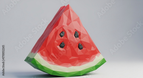 Polygonal watermelon slice with red flesh, black seeds, white rind, and green skin on a
