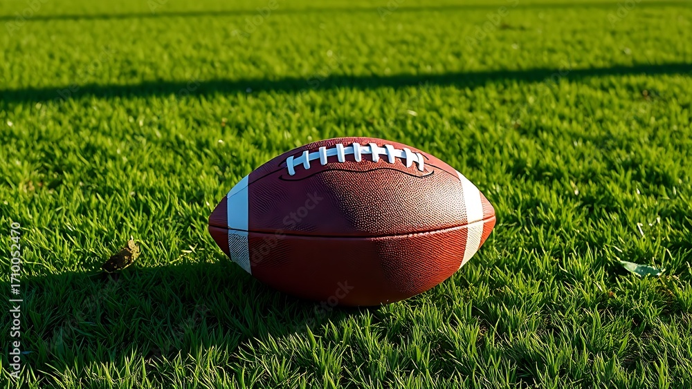Obraz premium American football centered on green field with professional lighting and soft shadows.