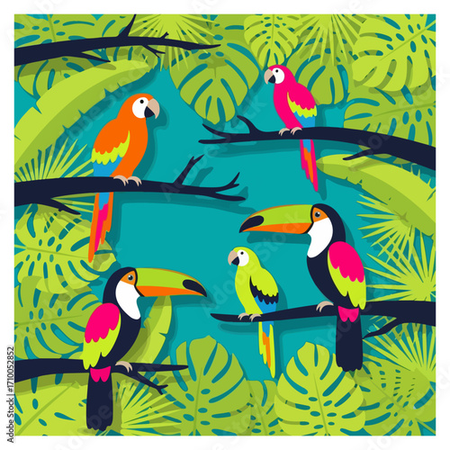 Toucans and Parrots on Jungle Branches – Tropical Wildlife