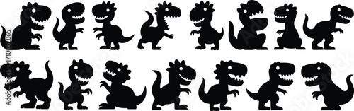 Cartoon dinosaur silhouette illustrations, playful prehistoric icons, black and white clipart, kids bundle set, character vector pack