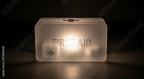 A glowing first aid kit, casting a soft light in the darkness, symbolizing safety, emergency preparedness, and medical assistance when needed