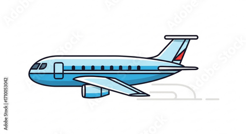 A blue airplane taking off, representing travel, flight, transportation, and the excitement of exploring new destinations