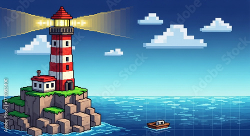 Pixel art lighthouse on a rocky island with a small boat, set against a blue sky with clouds, evoking a sense of adventure and guidance