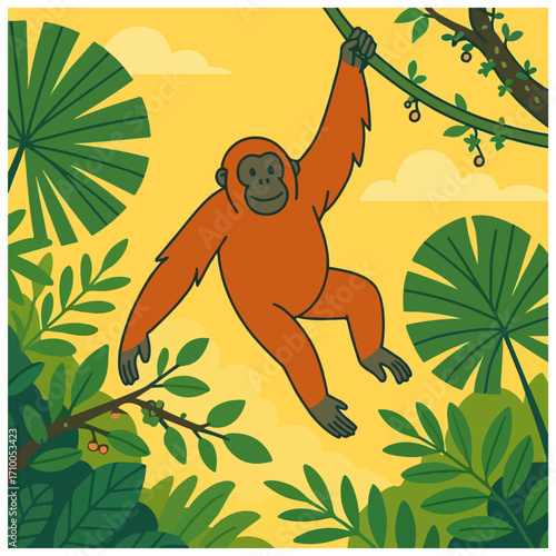 Orangutan Hanging from Liana – Wild Rainforest