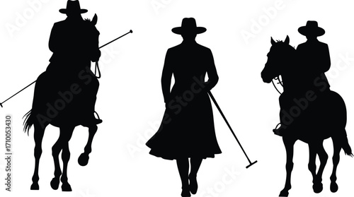 Silhouettes of cowboys and cowgirls on horseback a western scene