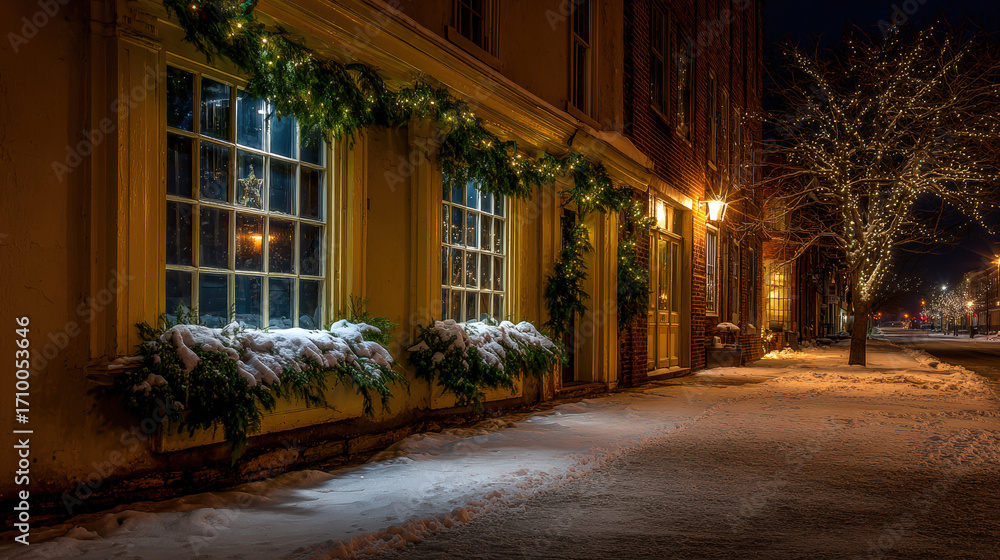 Fototapeta premium quiet street adorned with beautiful christmas showcasing soft inviting light glowing from inside