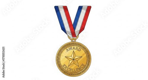 A gold medal with a star and ribbon, , symbolizing award, excellence, and achievement