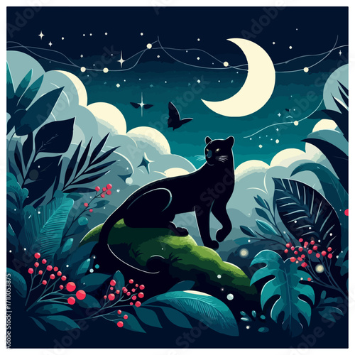 Night Panther Under Crescent Moon – Tropical Jungle