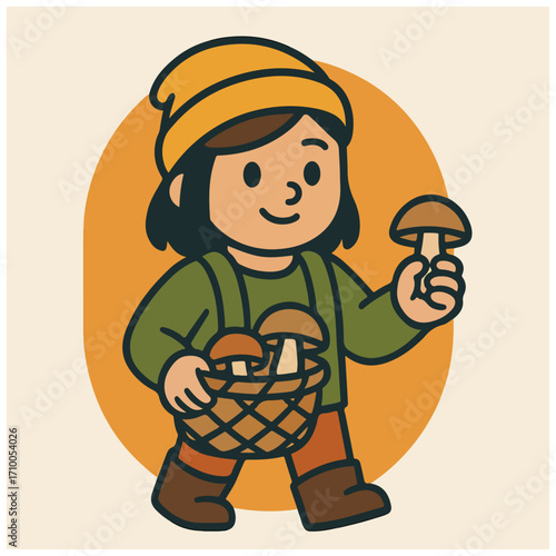 Forest Forager – Girl with Basket Picking Mushrooms
