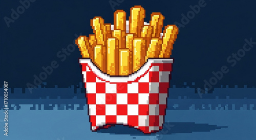 Pixel art illustration of french fries in a red and white checkered container