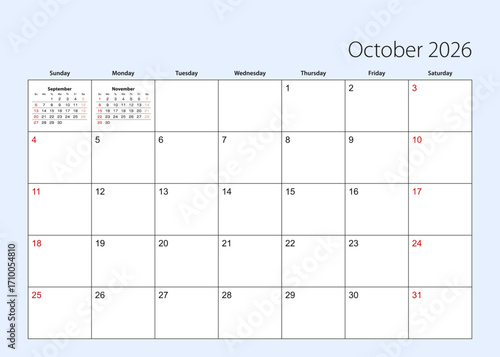 Wall calendar planner for October 2026. English language, week starts from Sunday.