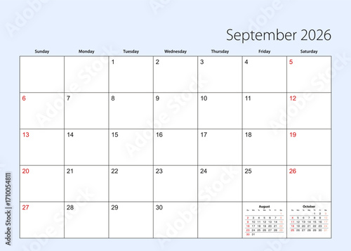 Wall calendar planner for September 2026. English language, week starts from Sunday.