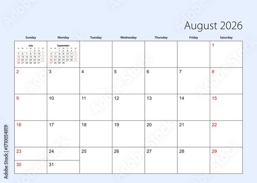 Wall calendar planner for August 2026. English language, week starts from Sunday.