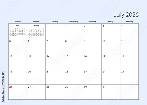 Wall calendar planner for July 2026. English language, week starts from Sunday.