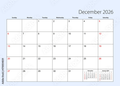 Wall calendar planner for December 2026. English language, week starts from Sunday.