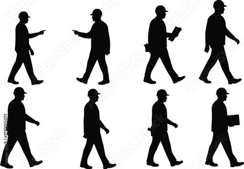 Construction worker silhouettes, black icon set, hard hat people, industrial labor, engineering staff, safety gear, site crew, vector design, occupational roles, work poses,