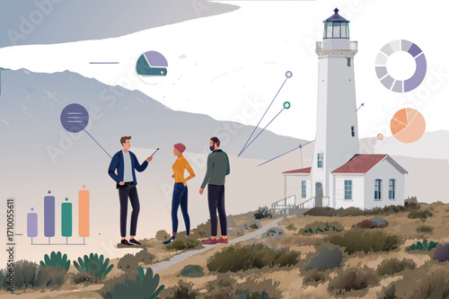 Teamwork and Business Analytics Illustration with Lighthouse Symbol of Guidance