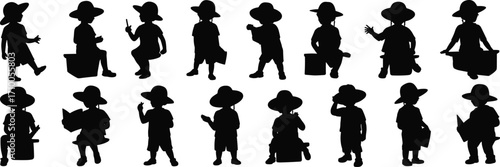 Child silhouette illustrations, wide-brim hat character, black and white clipart, expressive poses, activity bundle set, vector pack