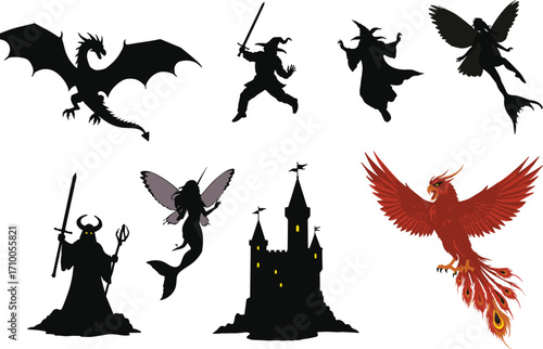 Fantasy silhouette illustration, dragon, phoenix, mermaid, warrior, castle, fairy, witch, mythical creature, enchanted realm, magic, medieval adventure