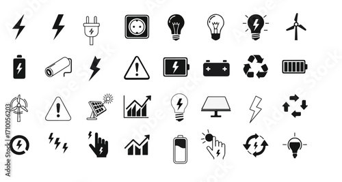 Collection of energy and electricity vector icons, including power, charging, renewable sources, warning symbols, and technology concepts for industrial and digital design