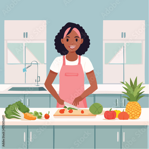 Woman in kitchen preparing food with vegetables and fruit.