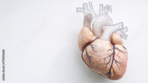 Anatomical heart illustration with detailed vascular structure, showcasing realistic textures and colors, emphasizing the complexity of human anatomy and its functions in a medical context