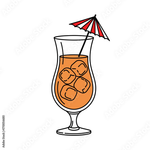 Illustration of a tropical cocktail with ice cubes and a small umbrella, perfect for summer vibes and vacation themes