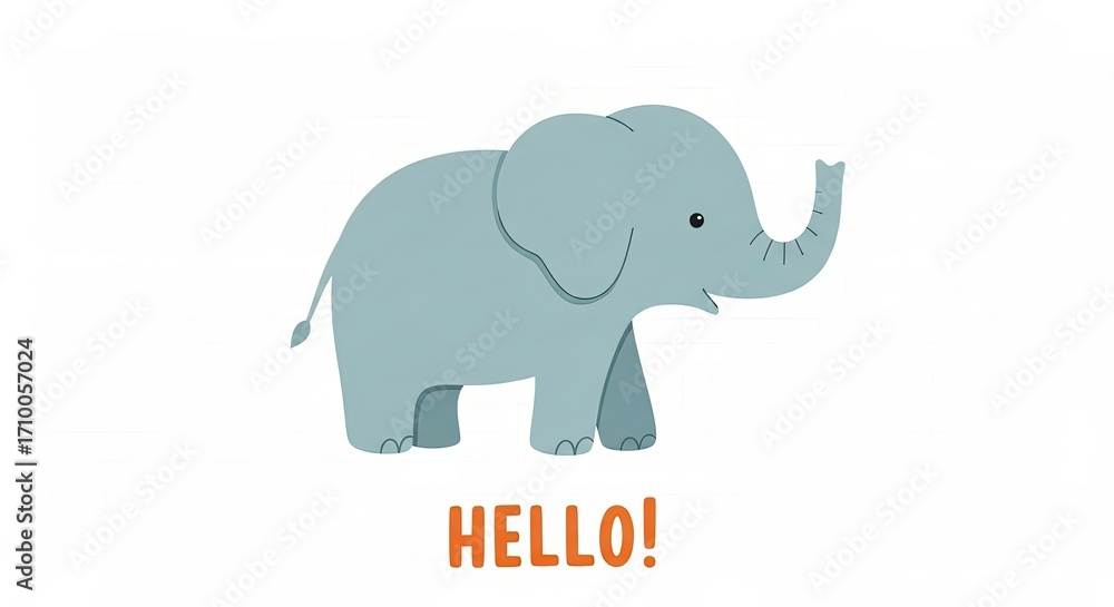 Obraz premium Cute cartoon baby elephant with trunk raised and the word hello in orange text