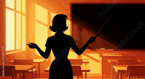 Silhouette of a teacher in a classroom, back view, with warm lighting and empty desks.