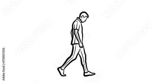 A black and white line drawing of a man walking with his head down.