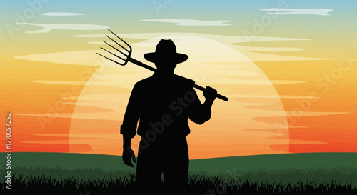Silhouette of a farmer holding a pitchfork against a vibrant sunset over a field.