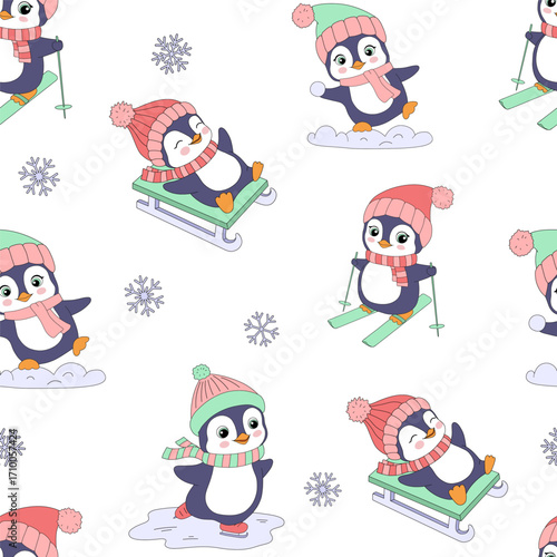 Seamless pattern with penguin character vector illustrations. Activity in winter. Cartoon animals, skating, skiing, sledding.
