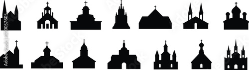 Church silhouette illustrations, religious architecture icons, black and white clipart, steeples and domes, cultural buildings, spiritual design bundle set