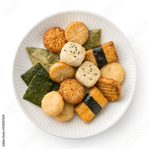 top view of senbei on plate isolated on white background 