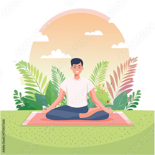 Man meditating in lotus position outdoors on a yoga mat.