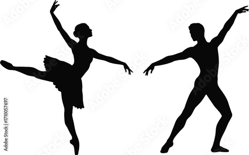 Elegant ballet dancers in silhouette pose with graceful movement and form