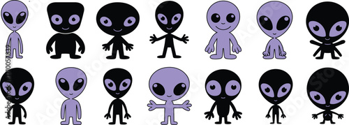 Cute cartoon alien characters collection, funny extraterrestrial beings vector illustration, adorable purple and black aliens, children friendly space creatures, isolated white background